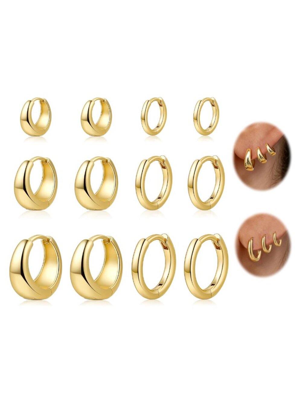 6 Pairs Small Gold Plated Huggie Hoop Earrings Hypoallergenic Lightweight Set